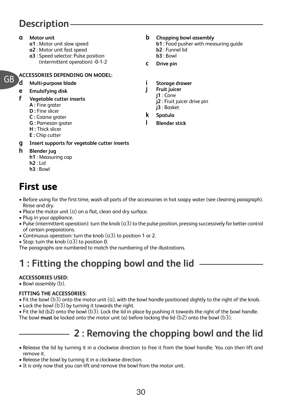 Tefal D0222F66 manual First use, Fitting the chopping bowl and the lid, Removing the chopping bowl and the lid 