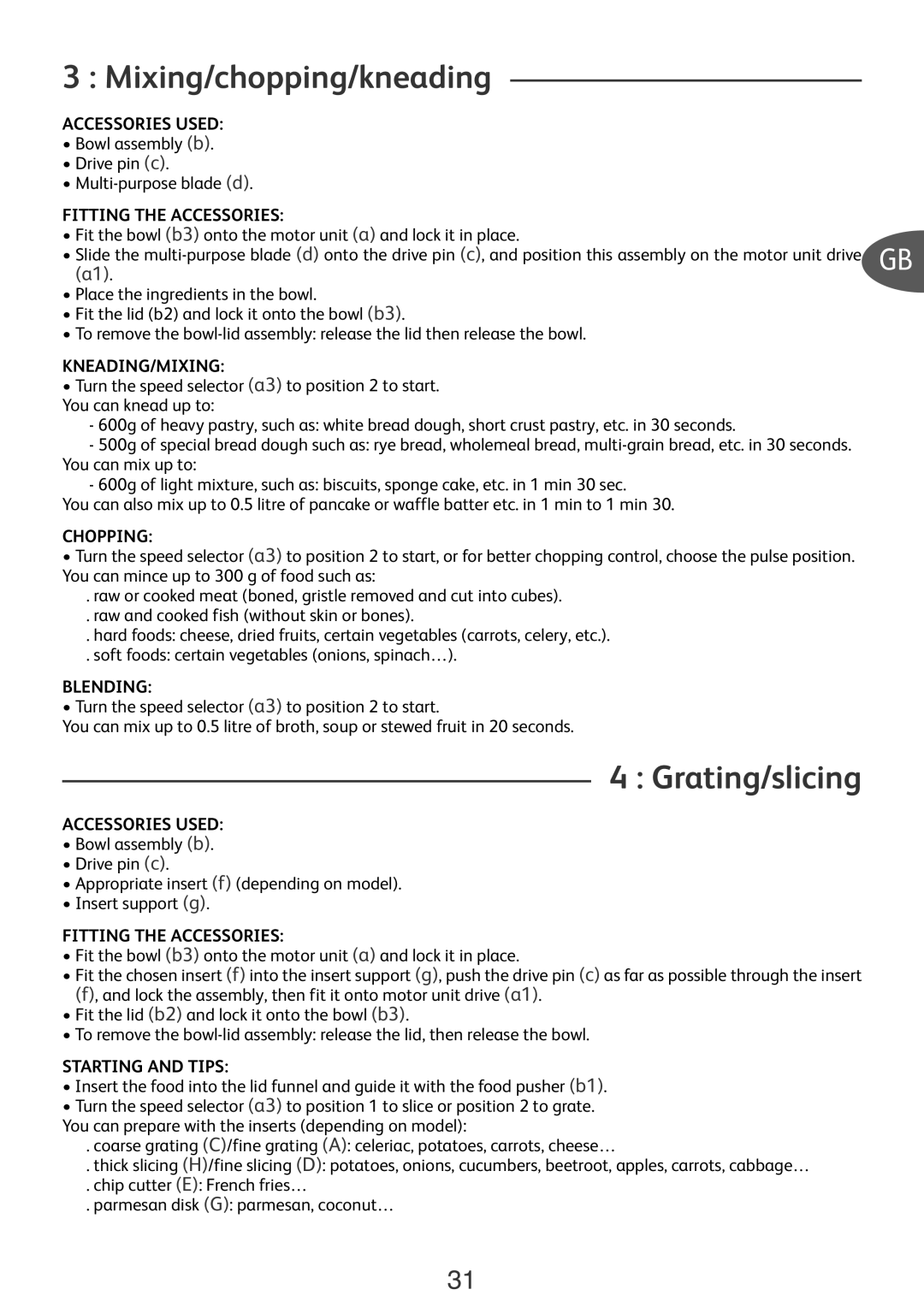 Tefal D0222F66 manual Mixing/chopping/kneading, Grating/slicing 