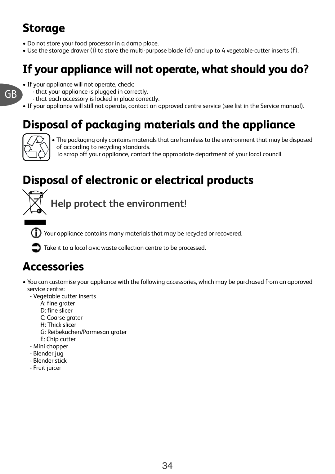 Tefal D0222F66 manual Storage, If your appliance will not operate, what should you do?, Accessories 