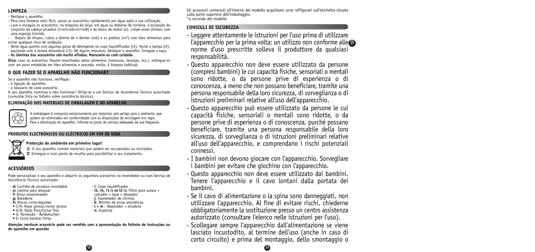 Tefal DO514138 manual Limpeza, QUE Fazer SE O Aparelho NÃO FUNCIONAR?, Acessórios, Consigli DI Sicurezza 