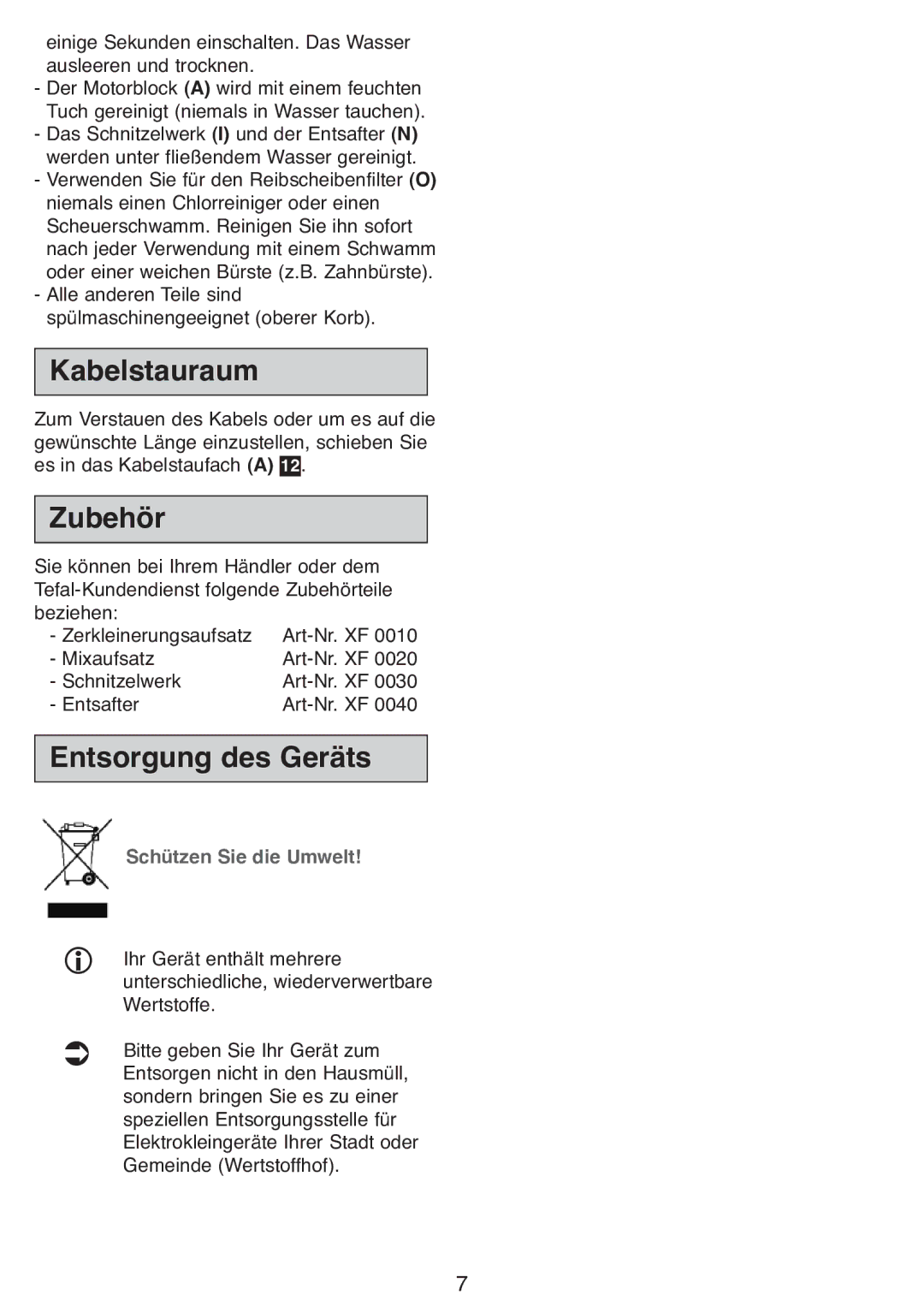 Tefal DPA130 manual Kabelstauraum, Zubehör, Entsorgung des Geräts 