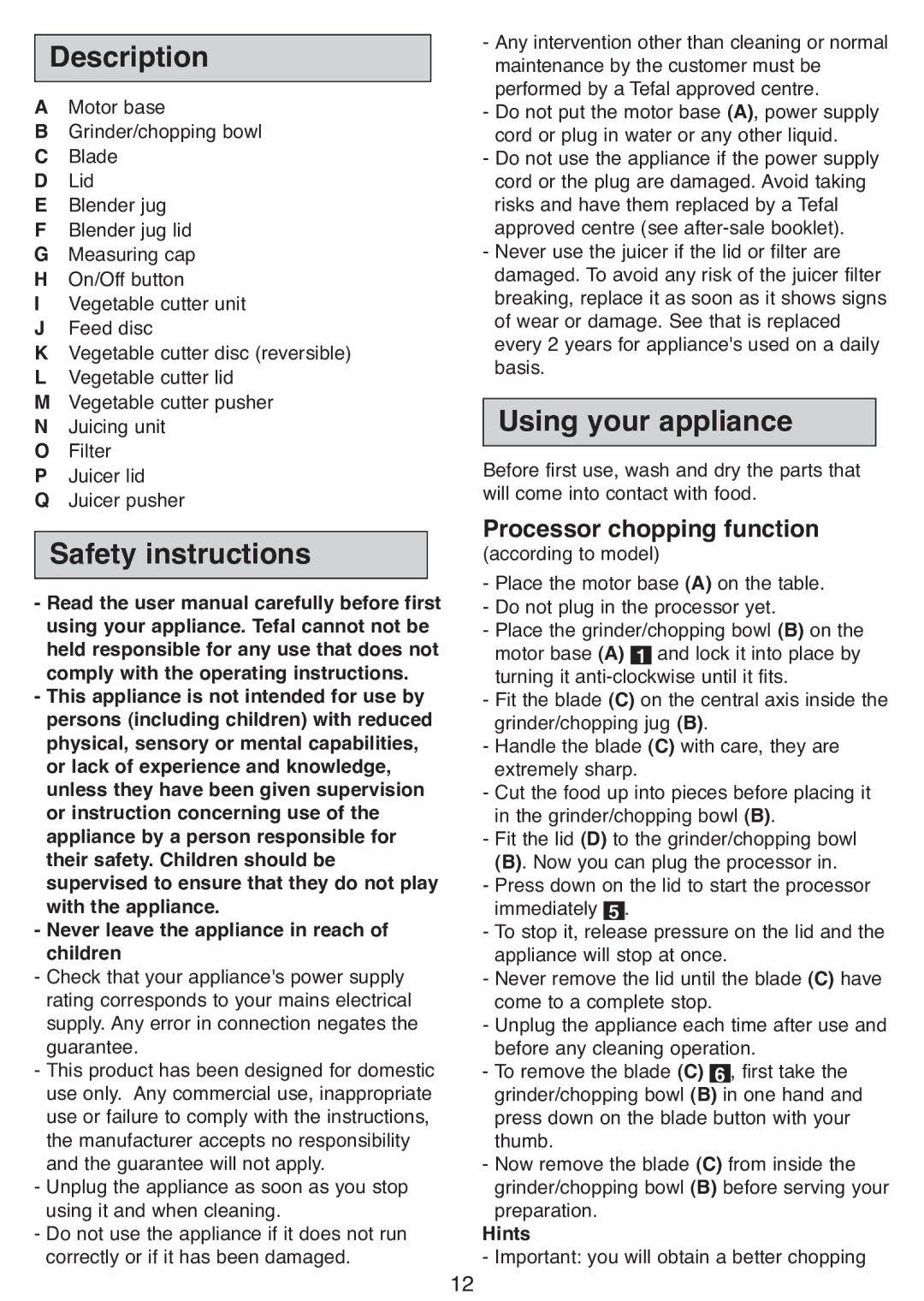 Tefal DPA130 manual Safety instructions, Using your appliance, Processor chopping function 