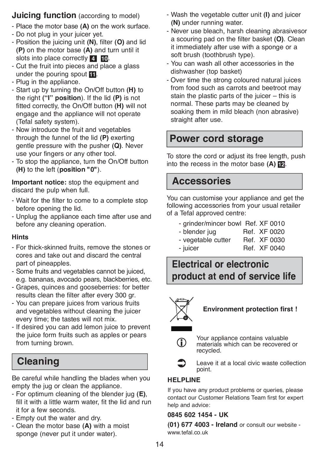 Tefal DPA130 manual Cleaning, Power cord storage, Accessories, Electrical or electronic product at end of service life 