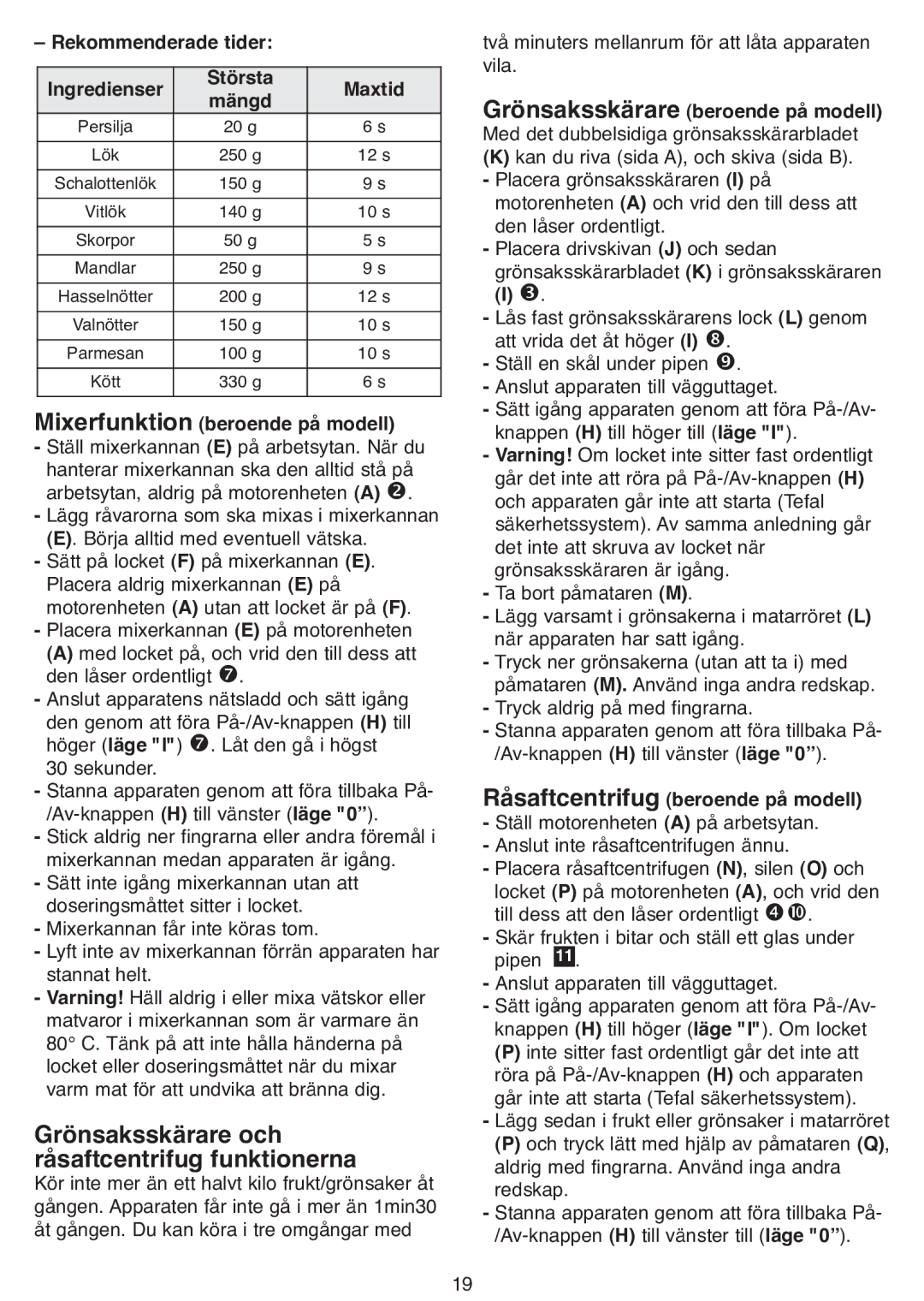 Tefal DPA130 manual Grönsaksskärare och råsaftcentrifug funktionerna 