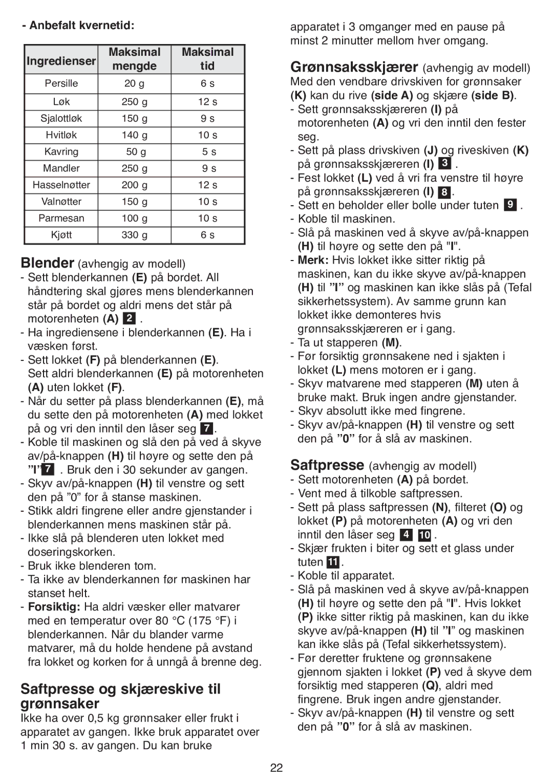 Tefal DPA130 manual Saftpresse og skjæreskive til grønnsaker, Anbefalt kvernetid, Maksimal, Mengde Tid 