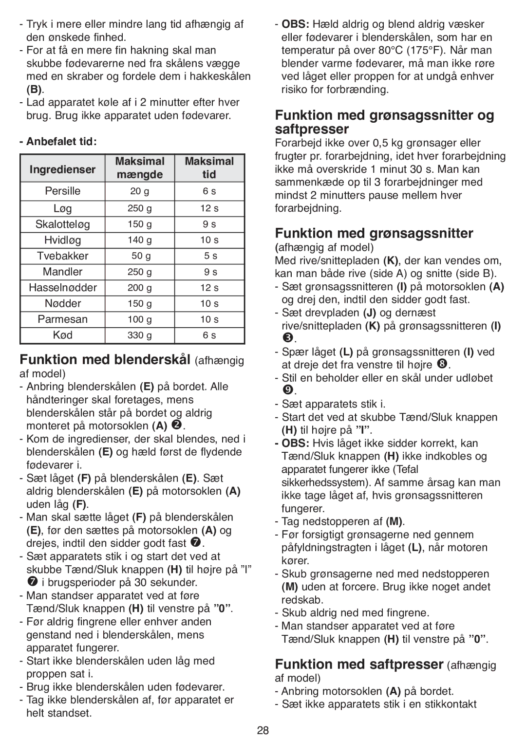 Tefal DPA130 manual Funktion med blenderskål afhængig af model, Funktion med grønsagssnitter og saftpresser 