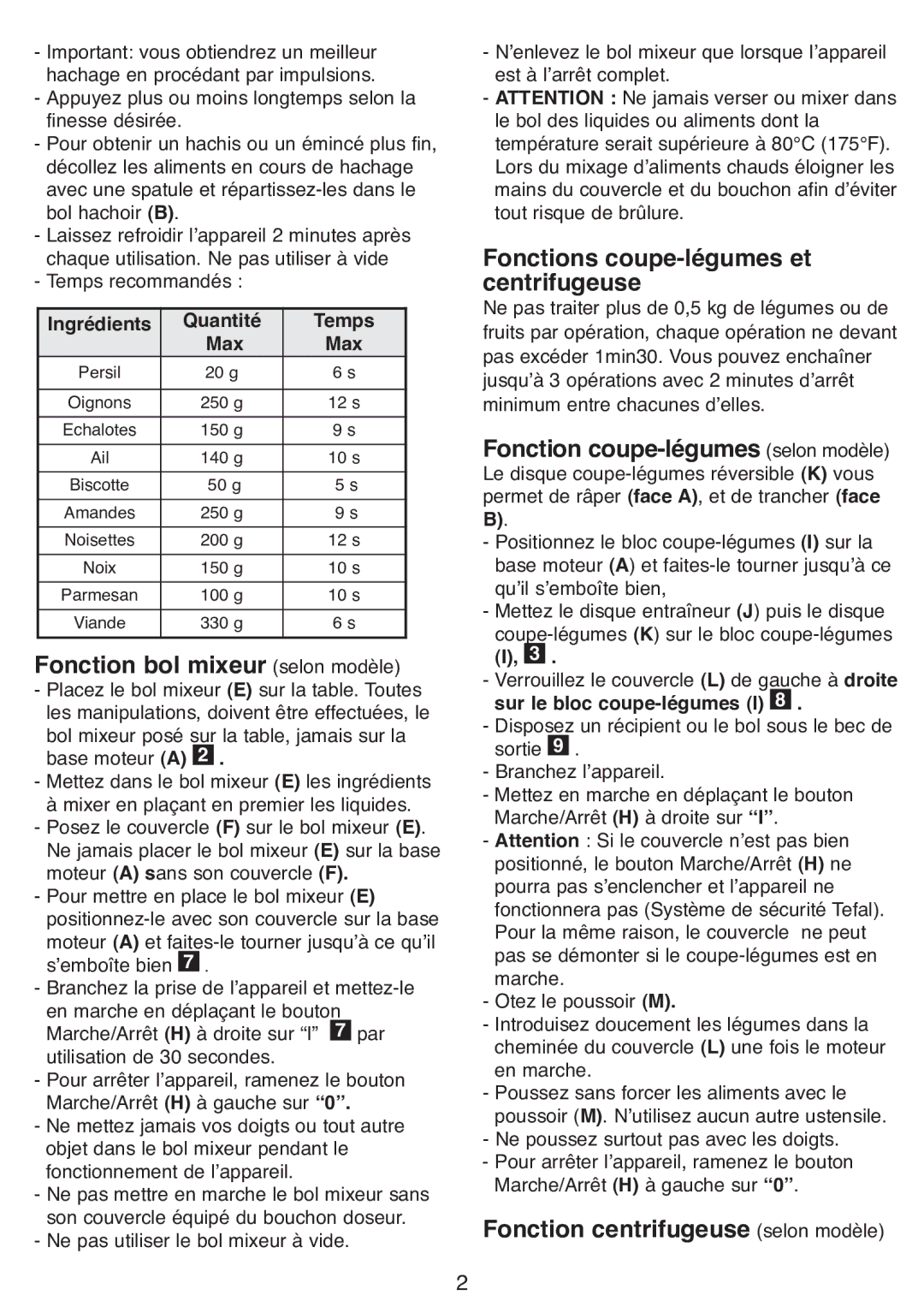 Tefal DPA130 Fonction bol mixeur selon modèle, Fonctions coupe-légumes et centrifugeuse, Quantité Temps Max, Ingrédients 