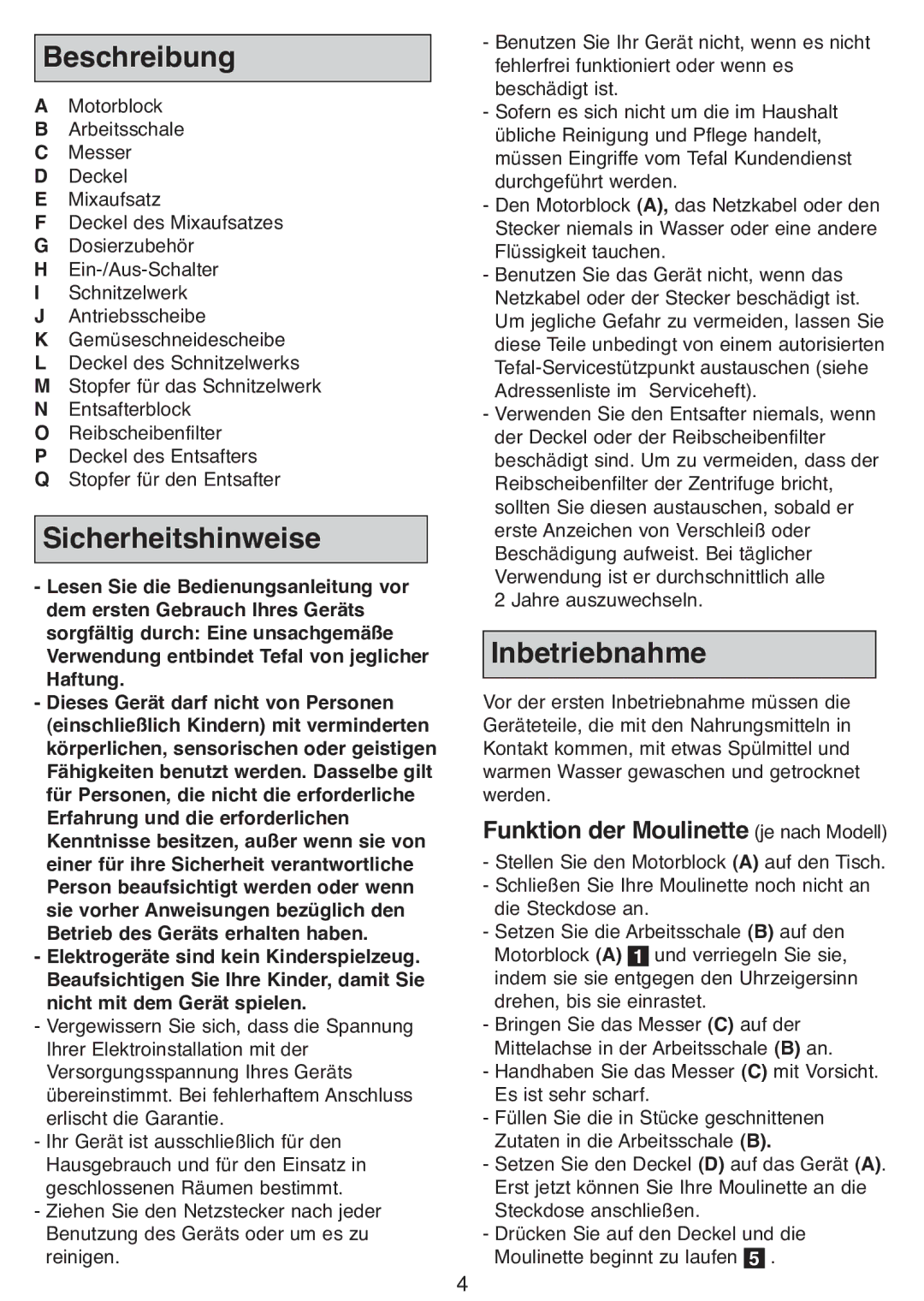 Tefal DPA130 manual Beschreibung, Sicherheitshinweise, Inbetriebnahme, Funktion der Moulinette je nach Modell 