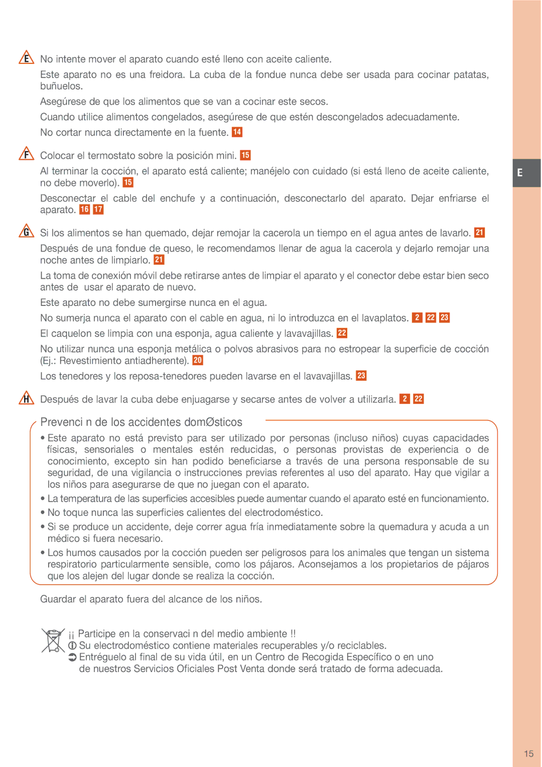 Tefal EF150212 manual Prevención de los accidentes domésticos, ¡¡ Participe en la conservación del medio ambiente 