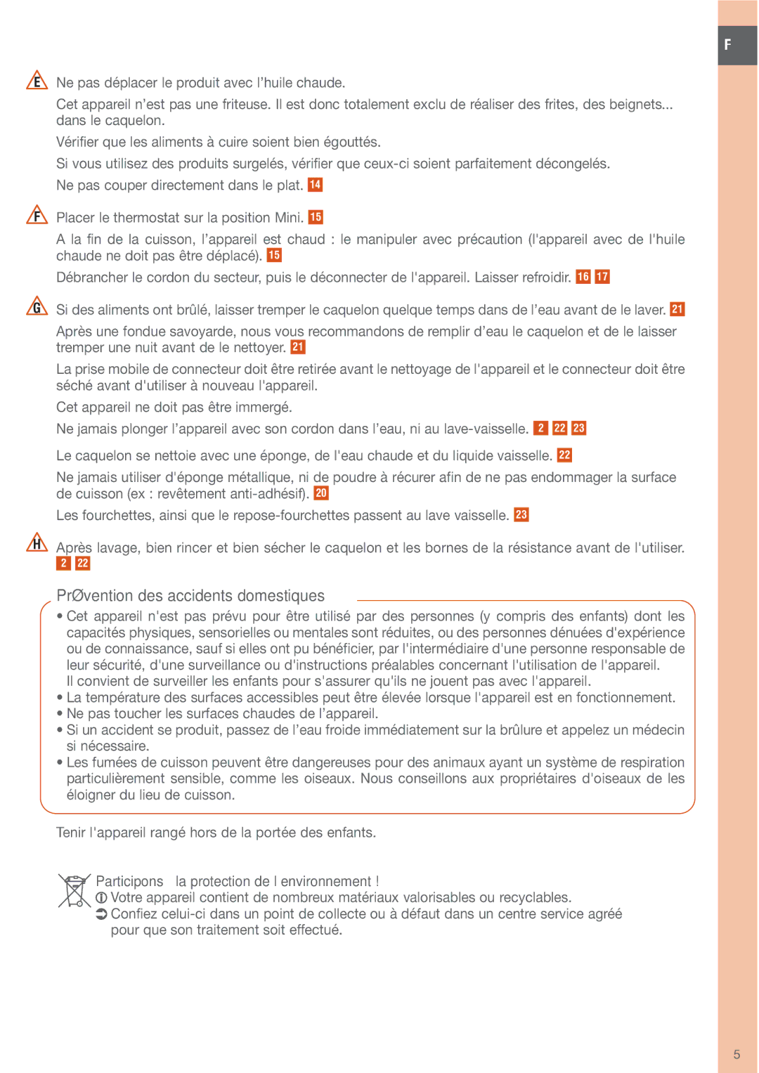 Tefal EF150212 manual Prévention des accidents domestiques, Participons à la protection de l’environnement 