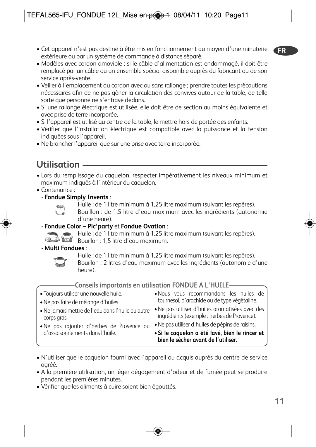 Tefal EF250112 manual Utilisation, TEFAL565-IFUFONDUE 12LMise en page 1 08/04/11 1020 Page11, Fondue Simply Invents 