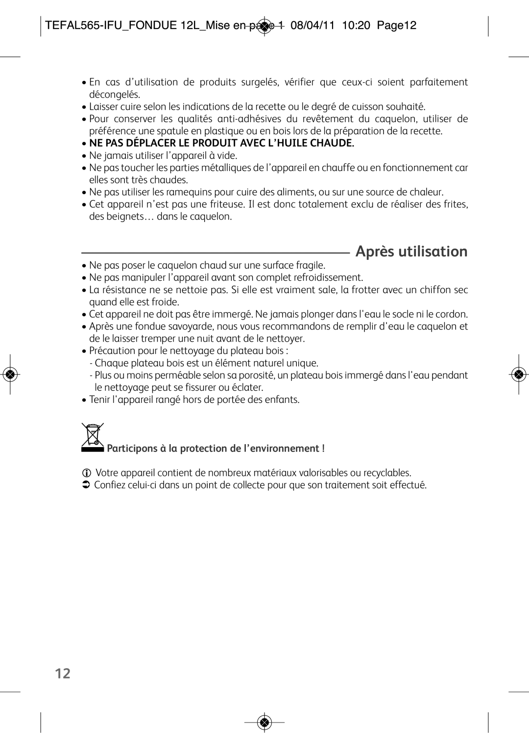 Tefal EF250112 manual Après utilisation, TEFAL565-IFUFONDUE 12LMise en page 1 08/04/11 1020 Page12 