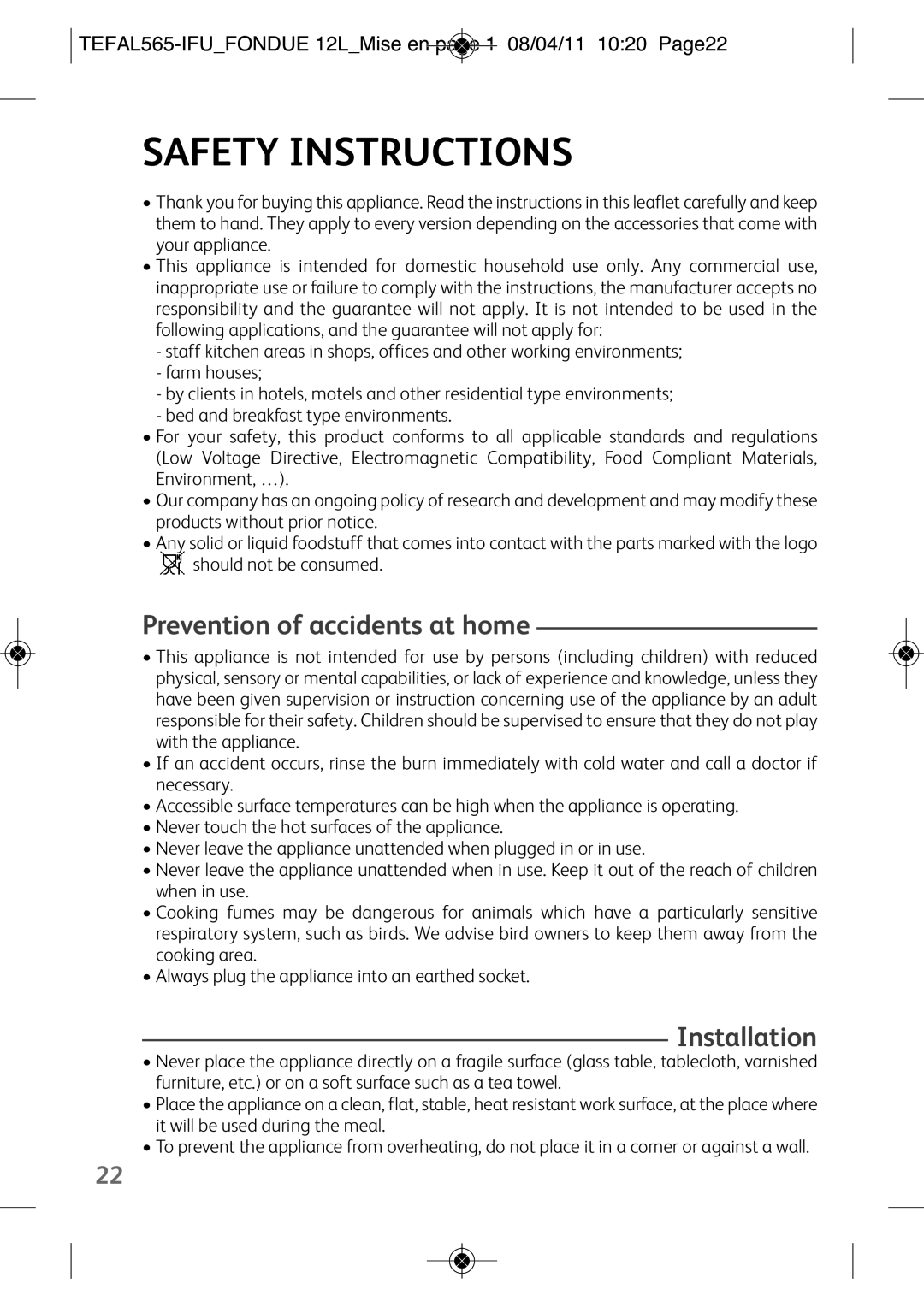 Tefal EF250112 manual Safety Instructions, Prevention of accidents at home 