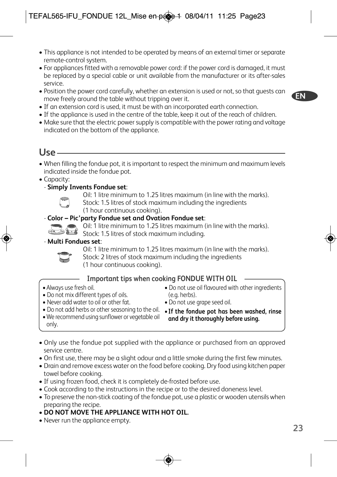 Tefal EF250112 manual Use, TEFAL565-IFUFONDUE 12LMISE EN page 1 08/04/11 1125 PAGE23 