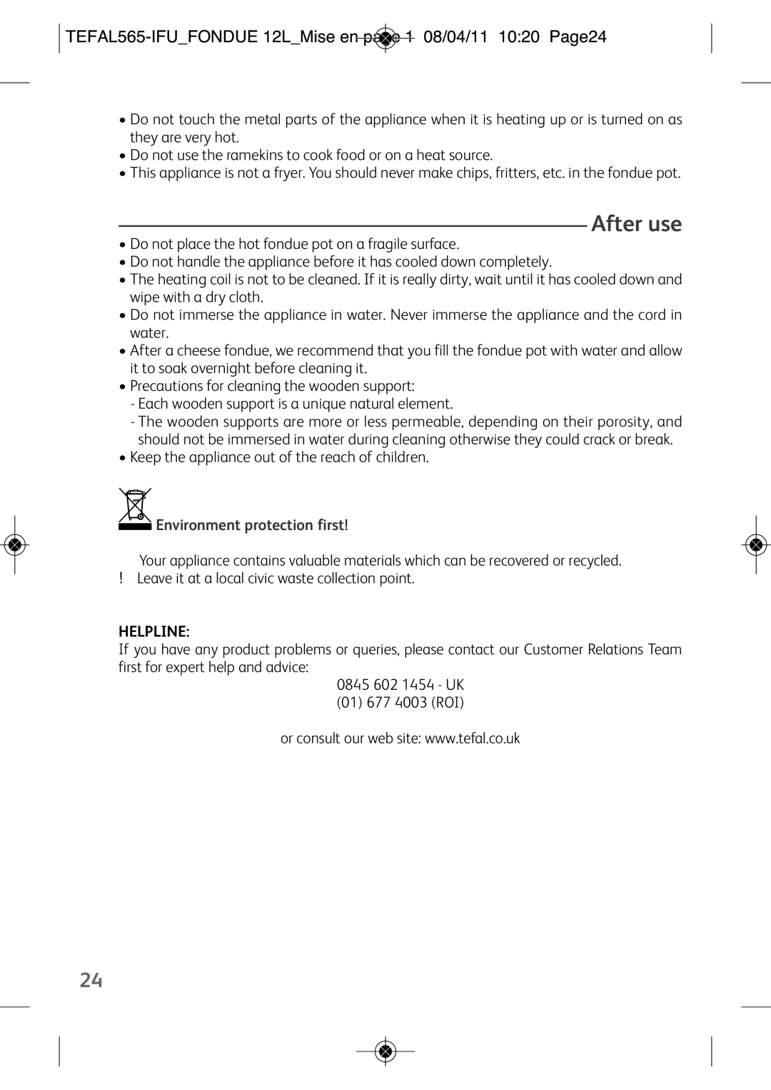 Tefal EF250112 manual After use, TEFAL565-IFUFONDUE 12LMise en page 1 08/04/11 1020 Page24, Helpline 