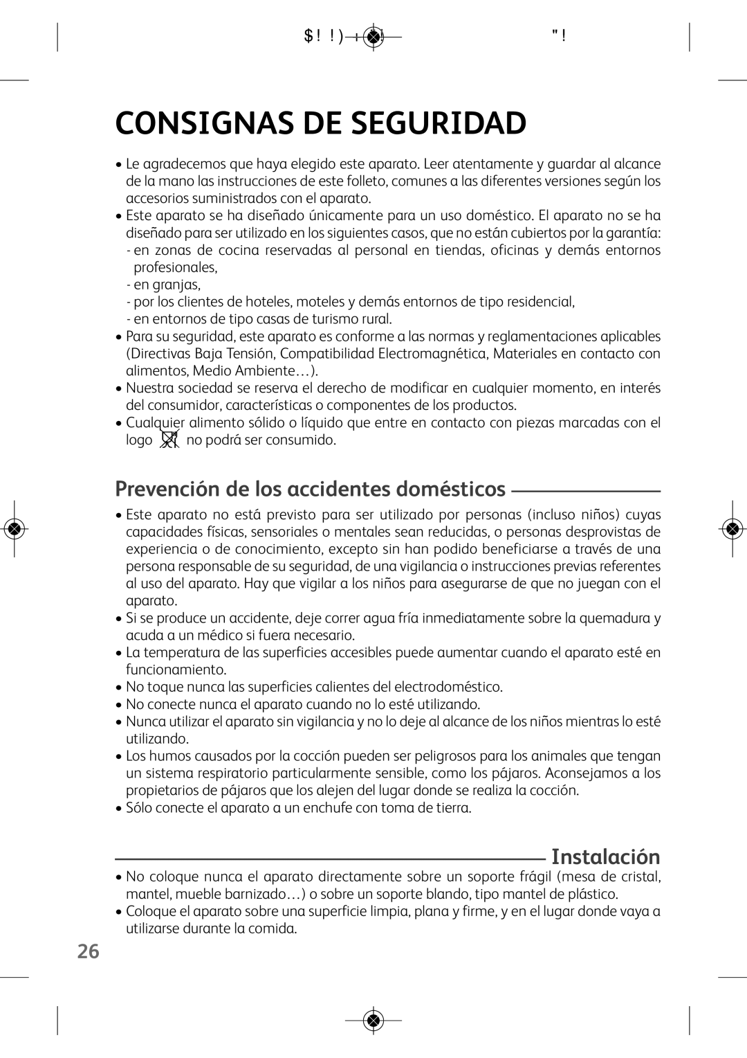 Tefal EF250112 manual Consignas DE Seguridad, Prevención de los accidentes domésticos, Instalación 