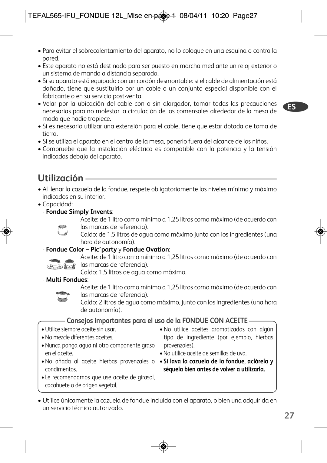 Tefal EF250112 manual Utilización, TEFAL565-IFUFONDUE 12LMise en page 1 08/04/11 1020 Page27 