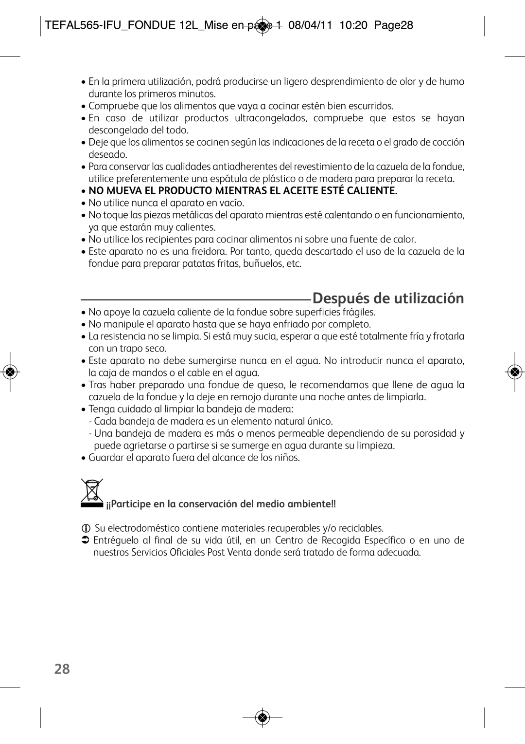 Tefal EF250112 manual Después de utilización, TEFAL565-IFUFONDUE 12LMise en page 1 08/04/11 1020 Page28 