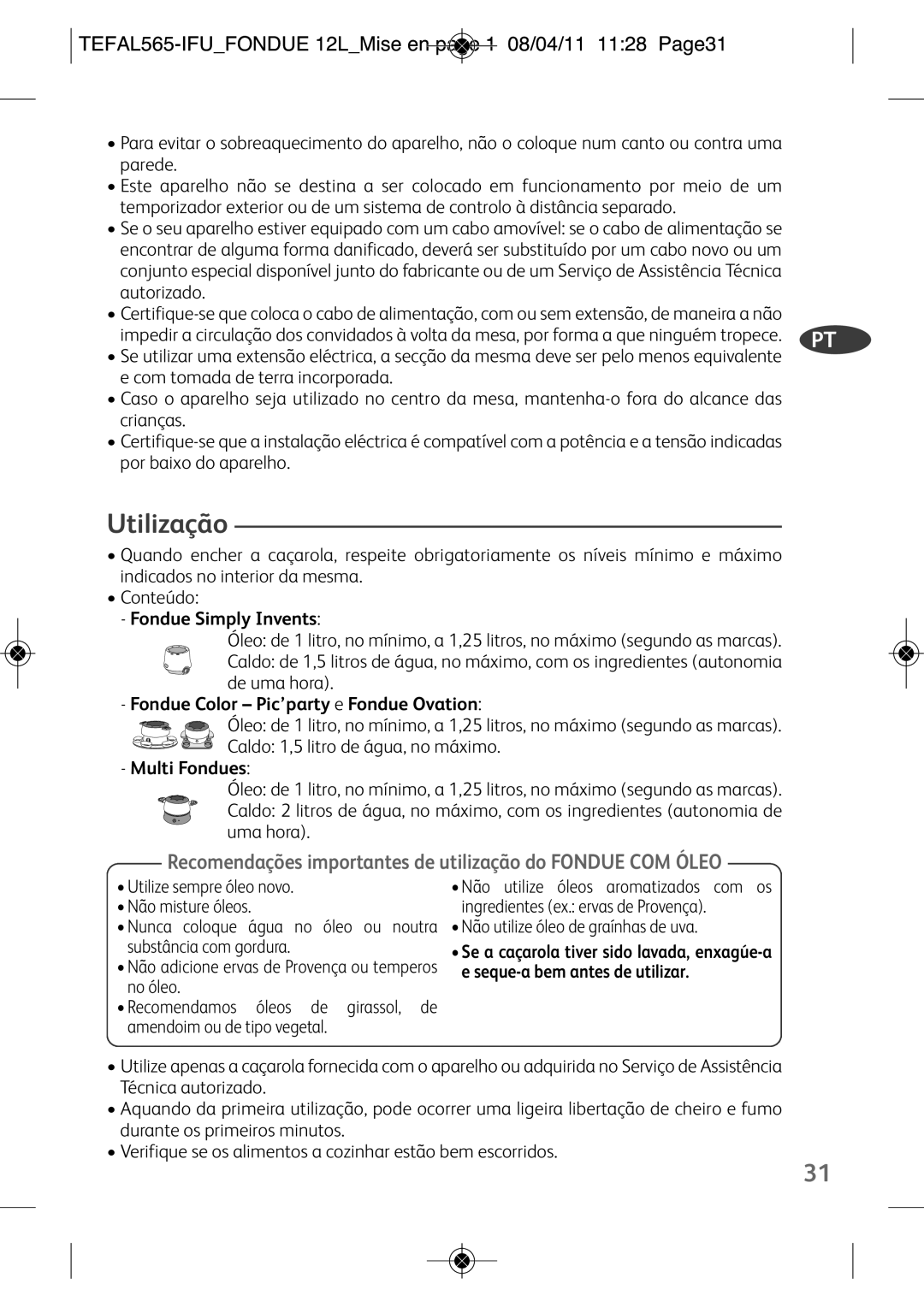 Tefal EF250112 manual Utilização, TEFAL565-IFUFONDUE 12LMISE EN page 1 08/04/11 1128 PAGE31 