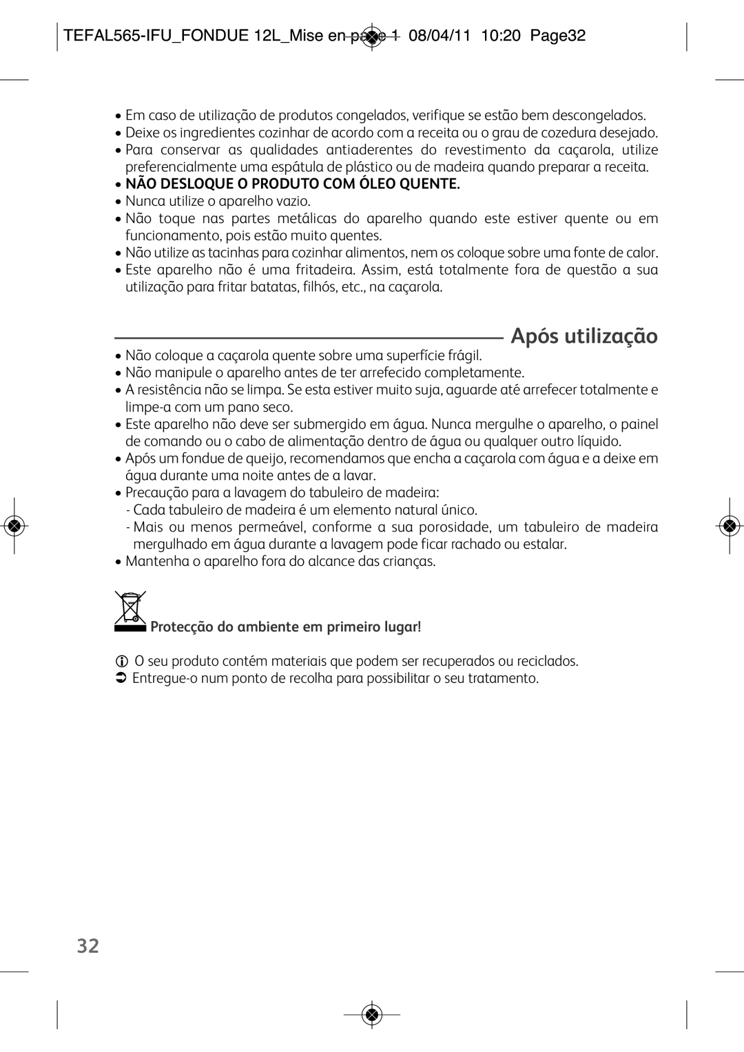 Tefal EF250112 manual Após utilização, TEFAL565-IFUFONDUE 12LMise en page 1 08/04/11 1020 Page32 