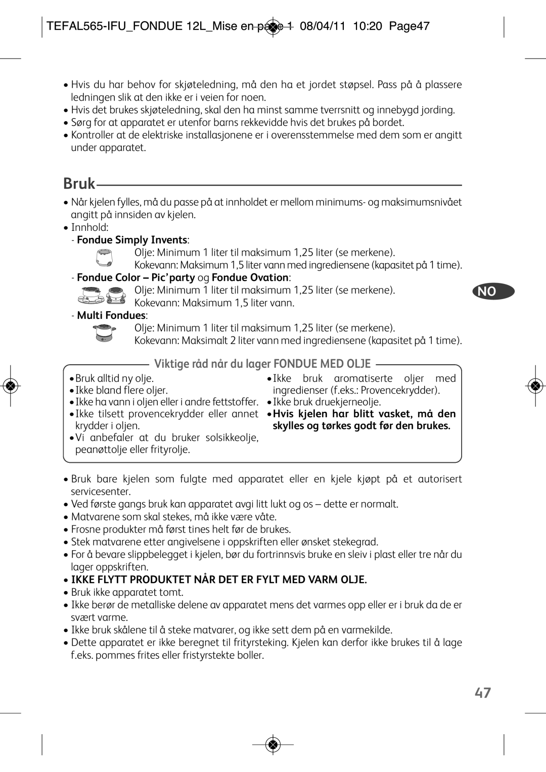 Tefal EF250112 manual Bruk, TEFAL565-IFUFONDUE 12LMise en page 1 08/04/11 1020 Page47 