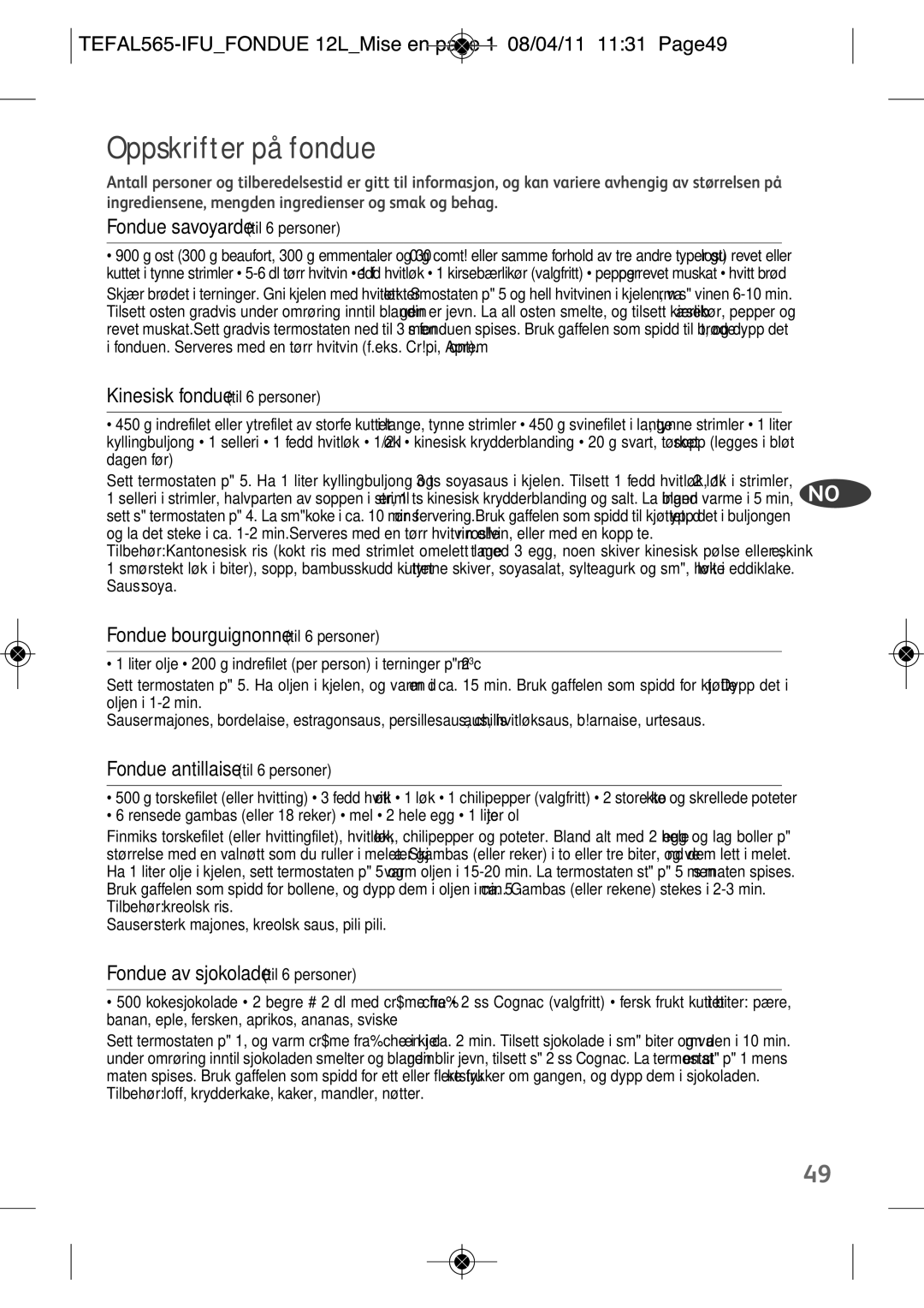 Tefal EF250112 manual Oppskrifter på fondue, TEFAL565-IFUFONDUE 12LMISE EN page 1 08/04/11 1131 PAGE49 