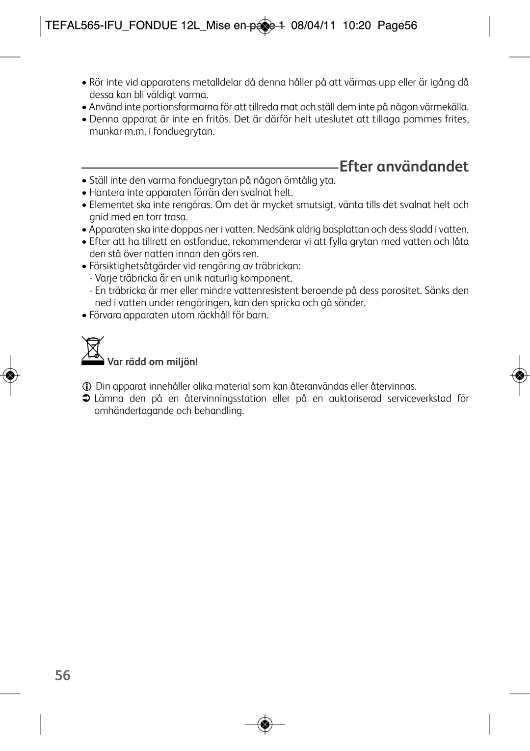 Tefal EF250112 manual Efter användandet, TEFAL565-IFUFONDUE 12LMise en page 1 08/04/11 1020 Page56 