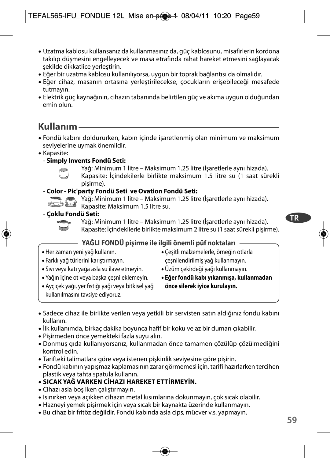 Tefal EF250112 manual Kullanım, TEFAL565-IFUFONDUE 12LMise en page 1 08/04/11 1020 Page59 