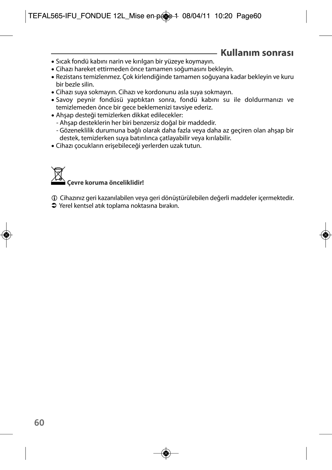 Tefal EF250112 manual Kullanım sonrası, TEFAL565-IFUFONDUE 12LMise en page 1 08/04/11 1020 Page60 