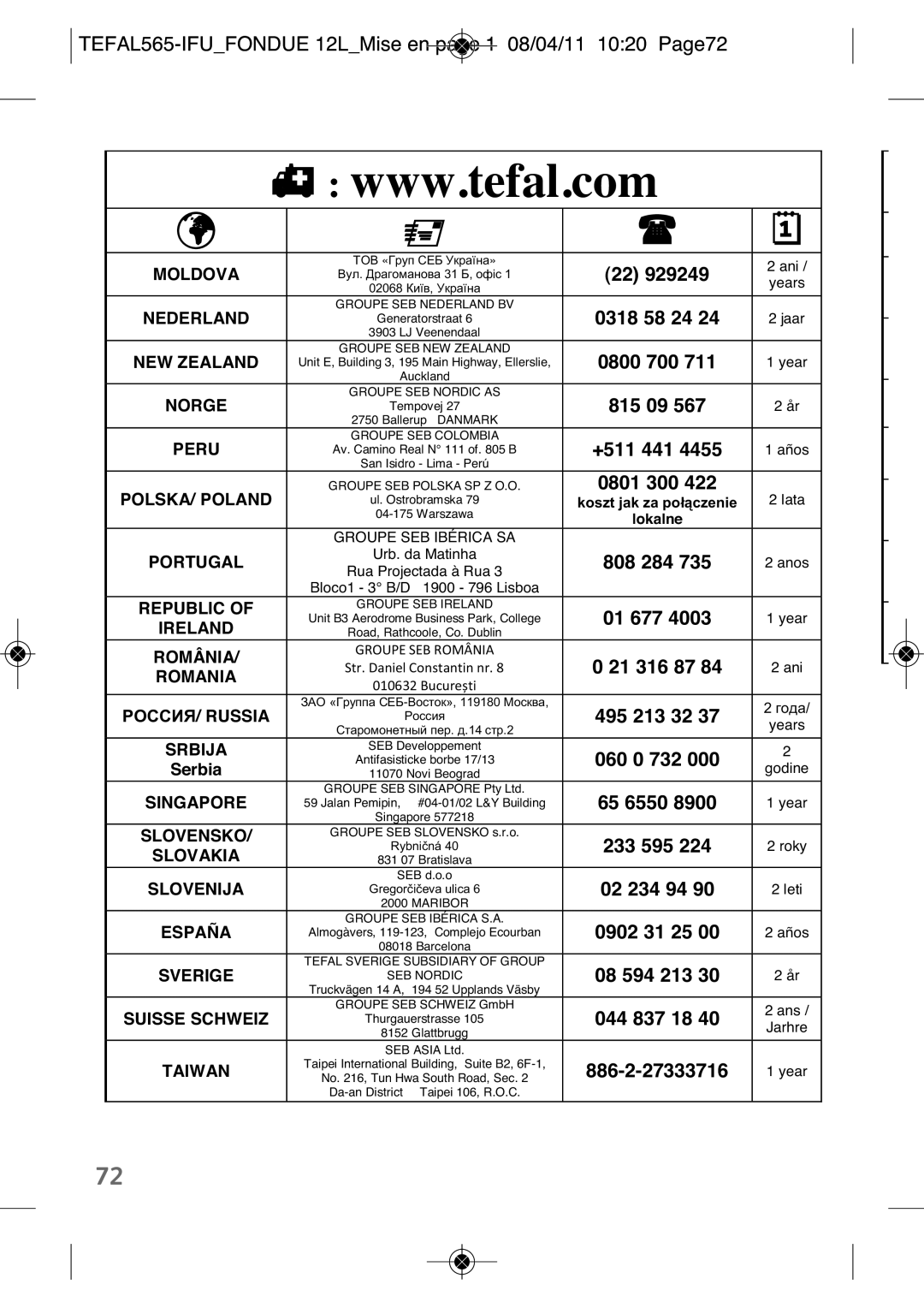 Tefal EF250112 manual TEFAL565-IFUFONDUE 12LMise en page 1 08/04/11 1020 Page72, +511 441 