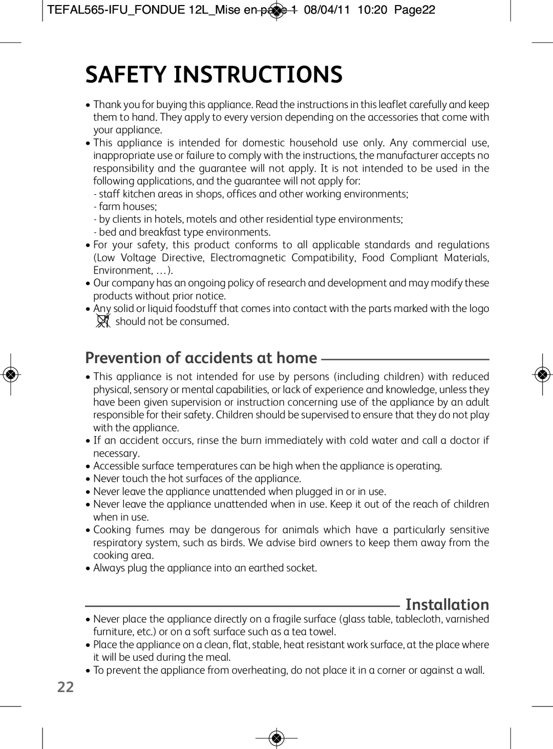 Tefal EF255012, EF255026, EF255014 manual Safety Instructions, Prevention of accidents at home 