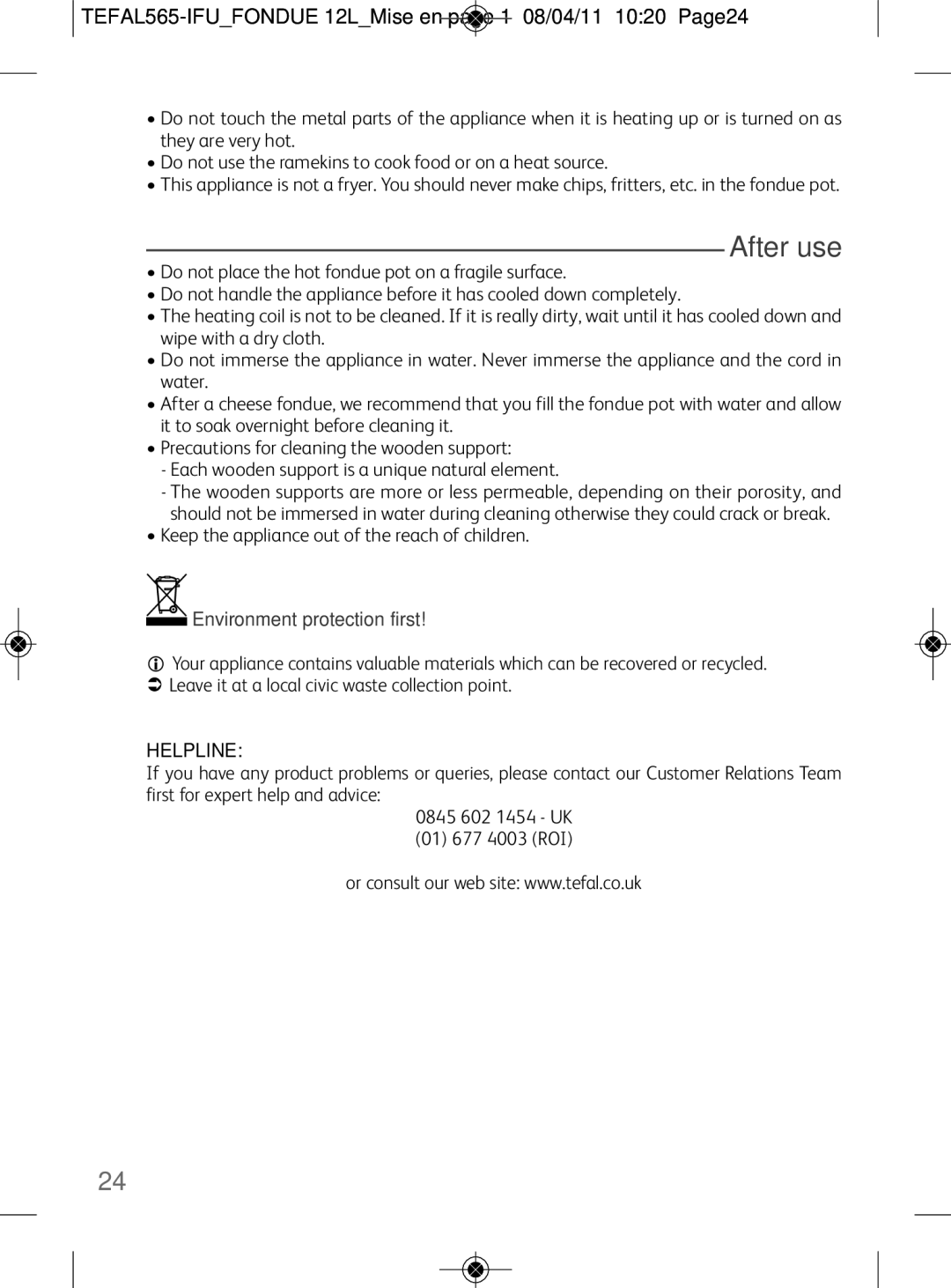 Tefal EF255026, EF255012, EF255014 manual After use, TEFAL565-IFUFONDUE 12LMise en page 1 08/04/11 1020 Page24, Helpline 