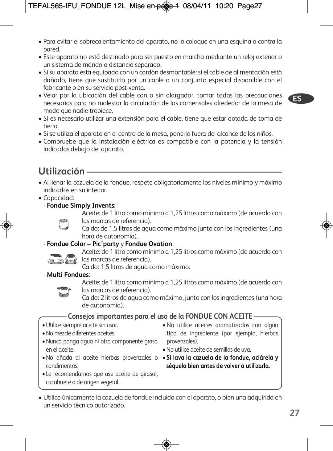 Tefal EF255026, EF255012, EF255014 manual Utilización, TEFAL565-IFUFONDUE 12LMise en page 1 08/04/11 1020 Page27 