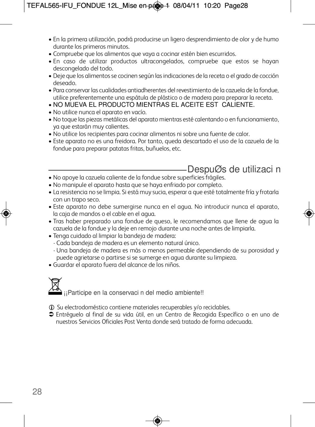 Tefal EF255012, EF255026, EF255014 manual Después de utilización, TEFAL565-IFUFONDUE 12LMise en page 1 08/04/11 1020 Page28 