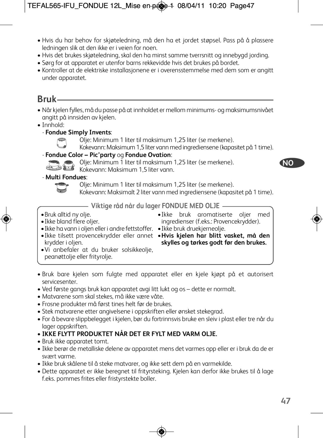 Tefal EF255014, EF255026, EF255012 manual Bruk, TEFAL565-IFUFONDUE 12LMise en page 1 08/04/11 1020 Page47 