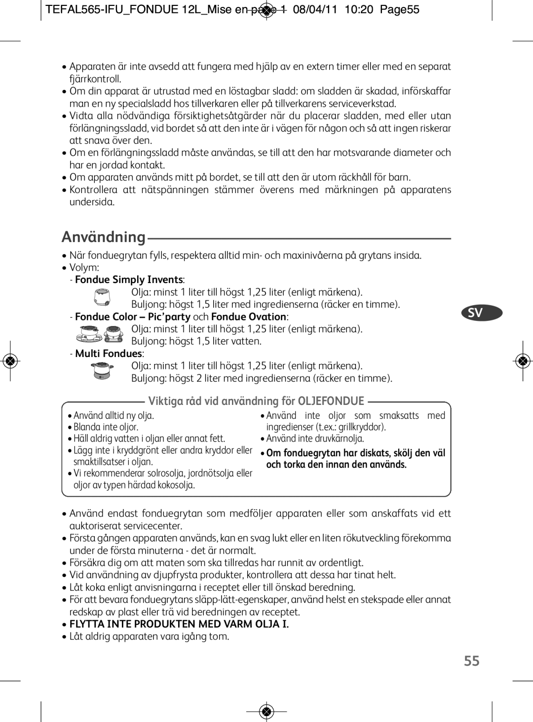 Tefal EF255012 Användning, TEFAL565-IFUFONDUE 12LMise en page 1 08/04/11 1020 Page55, Flytta Inte Produkten MED Varm Olja 