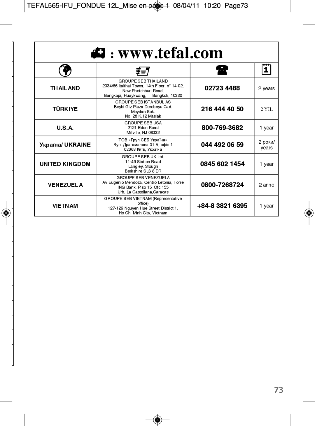 Tefal EF255012, EF255026, EF255014 manual TEFAL565-IFUFONDUE 12LMise en page 1 08/04/11 1020 Page73, Thailand 