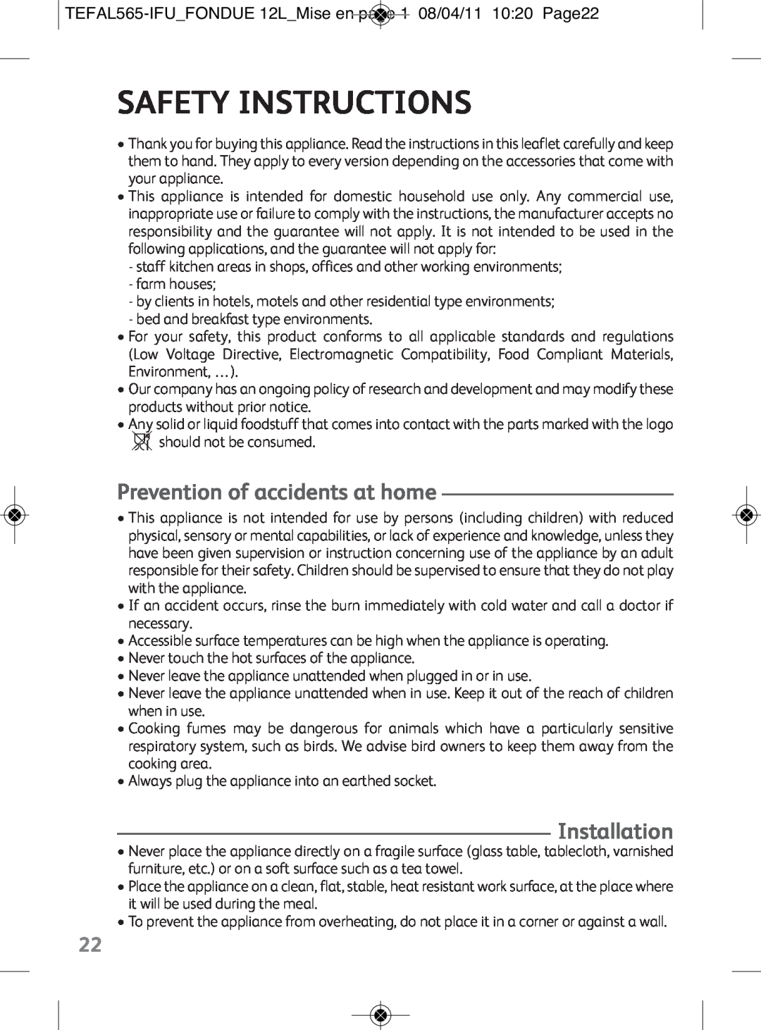 Tefal EF255012, EF255026, EF255014 manual Safety Instructions, Prevention of accidents at home, Installation 
