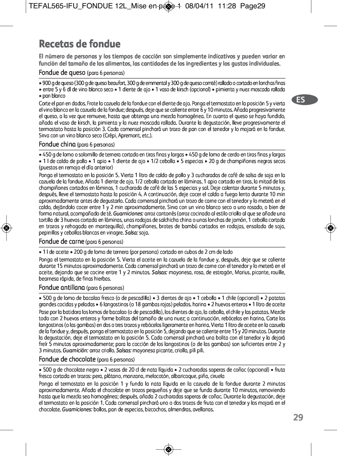 Tefal EF255014, EF255026, EF255012 manual Recetas de fondue, TEFAL565-IFUFONDUE 12LMise en page 1 08/04/11 1128 Page29 