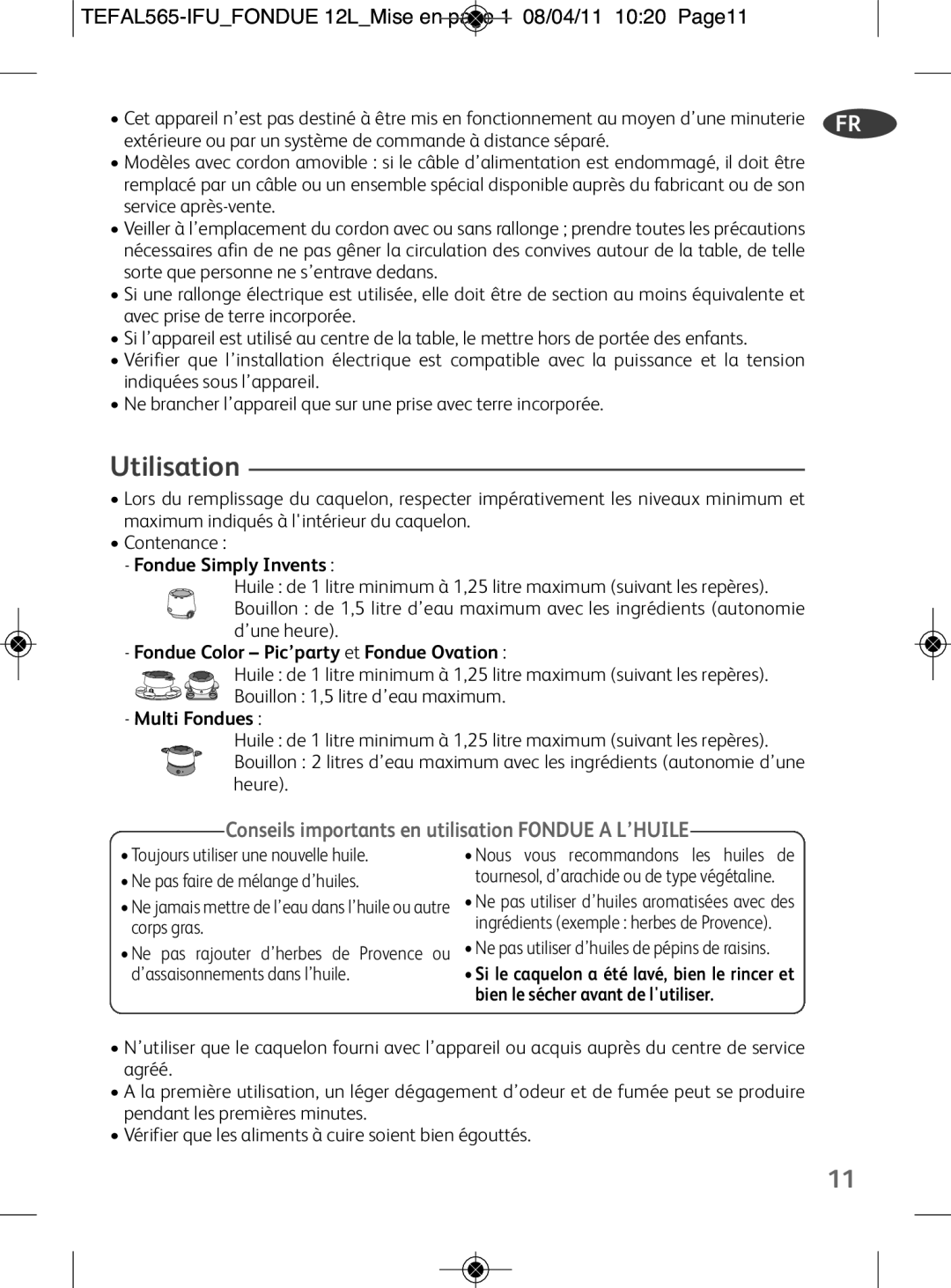 Tefal EF256812 manual Utilisation, TEFAL565-IFUFONDUE 12LMise en page 1 08/04/11 1020 Page11, Fondue Simply Invents 