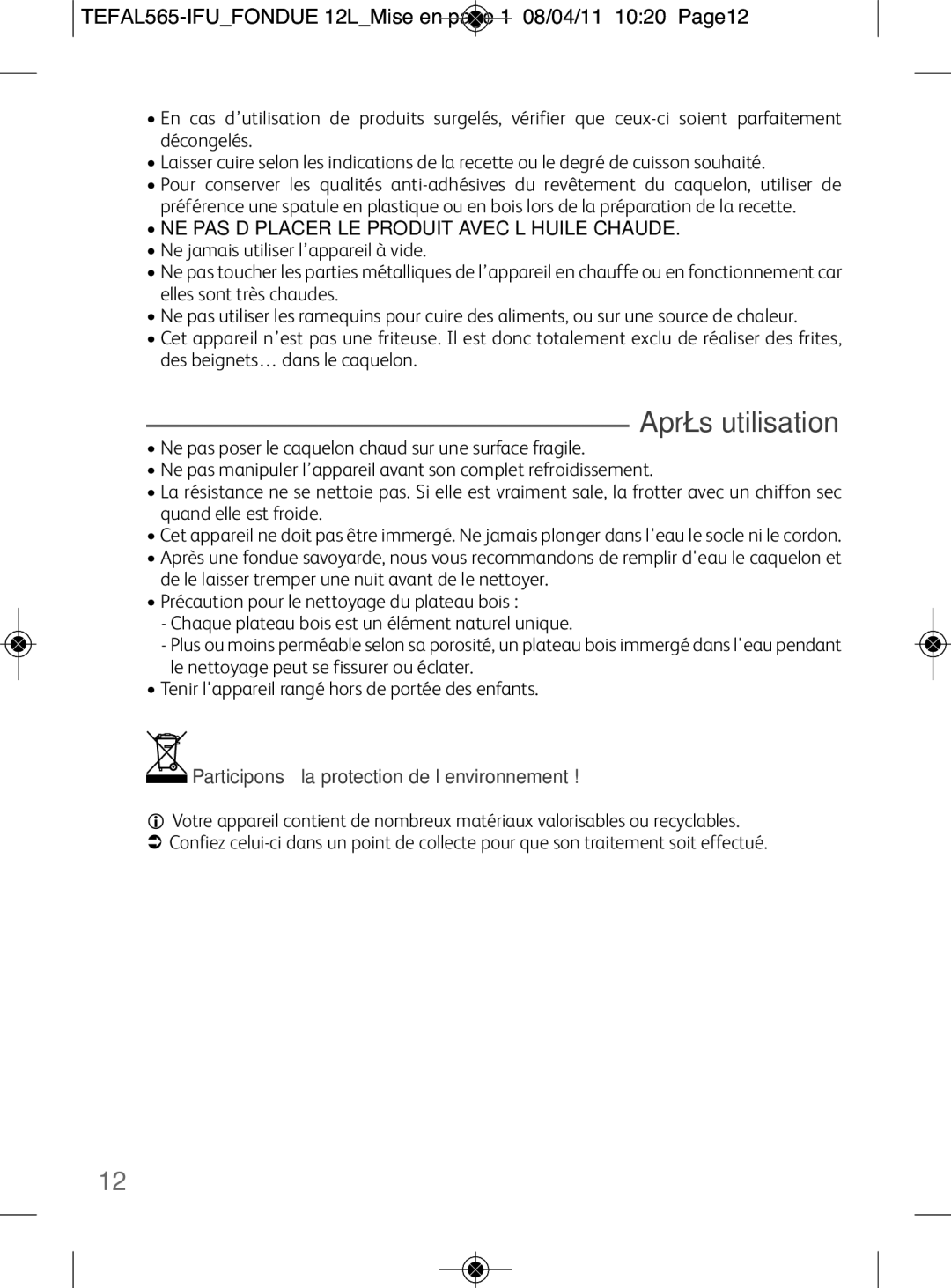 Tefal EF256812 manual Après utilisation, TEFAL565-IFUFONDUE 12LMise en page 1 08/04/11 1020 Page12 