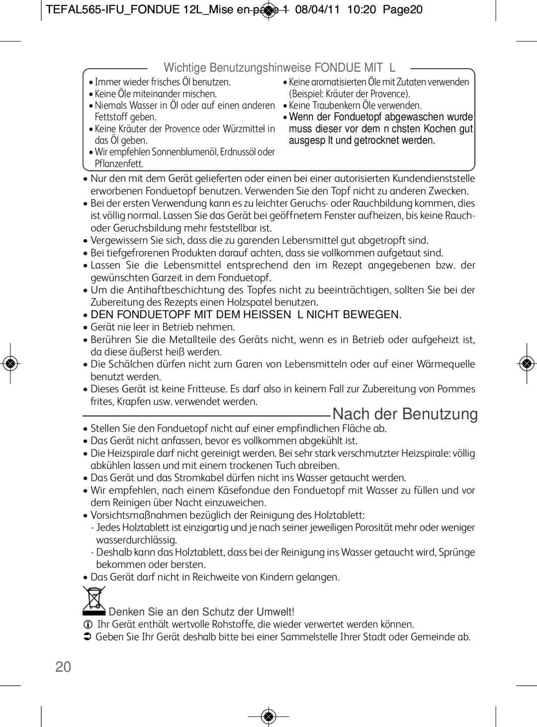 Tefal EF256812 manual Nach der Benutzung, TEFAL565-IFUFONDUE 12LMise en page 1 08/04/11 1020 Page20 