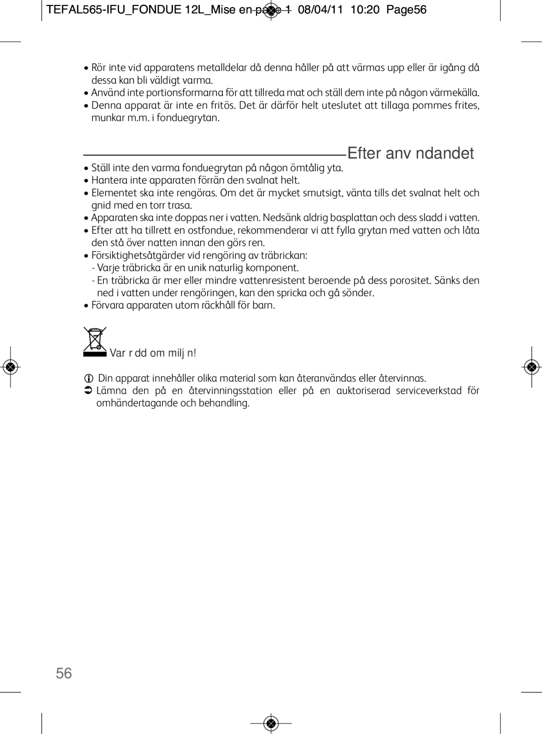 Tefal EF256812 manual Efter användandet, TEFAL565-IFUFONDUE 12LMise en page 1 08/04/11 1020 Page56 