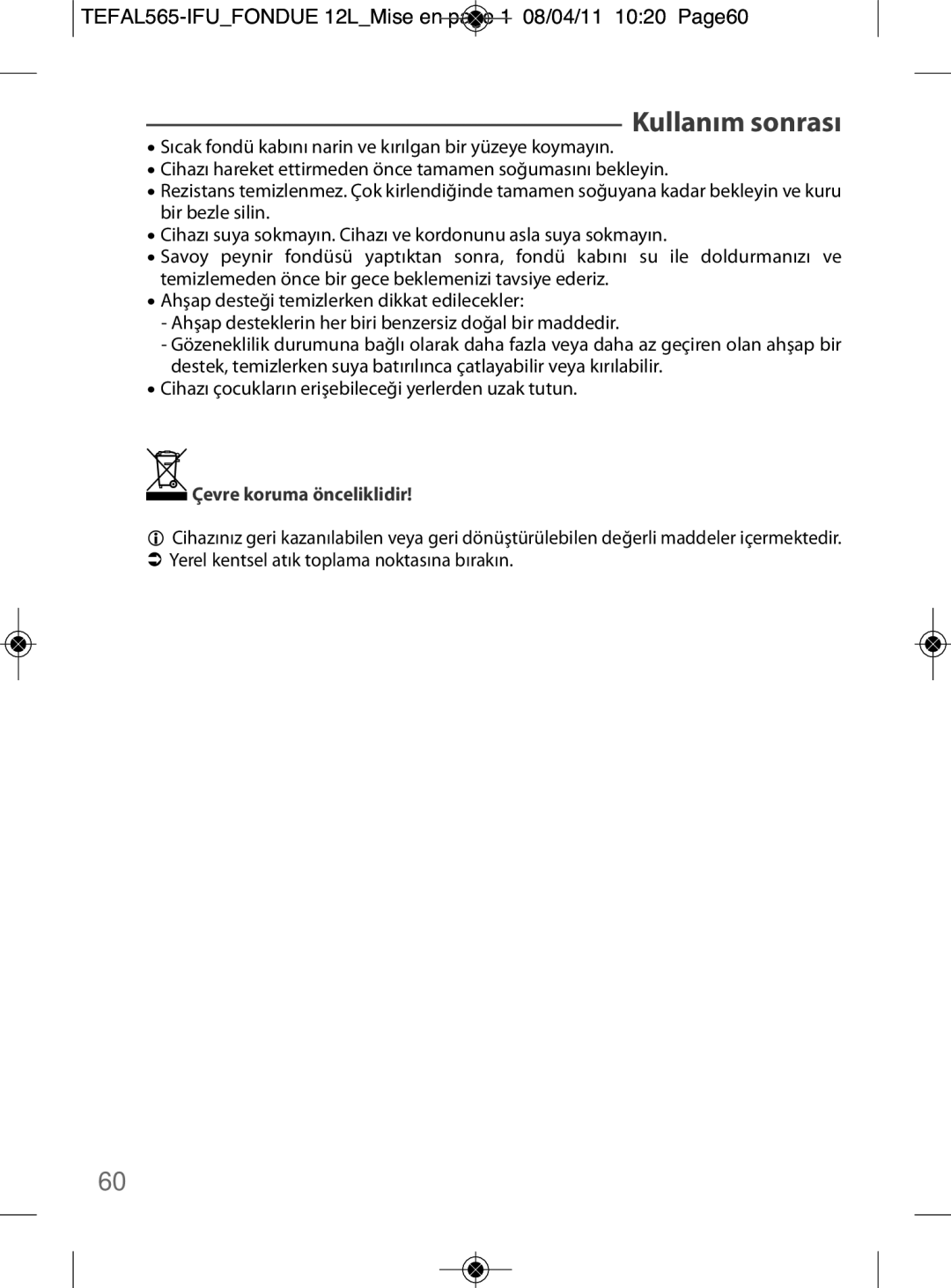 Tefal EF256812 manual Kullanım sonrası, TEFAL565-IFUFONDUE 12LMise en page 1 08/04/11 1020 Page60 