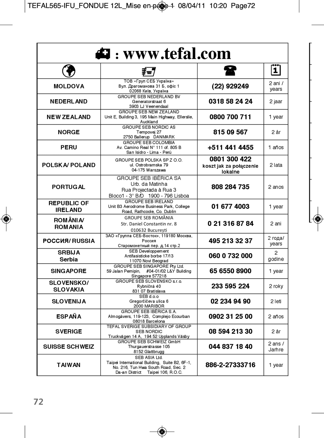 Tefal EF256812 manual TEFAL565-IFUFONDUE 12LMise en page 1 08/04/11 1020 Page72, Moldova 
