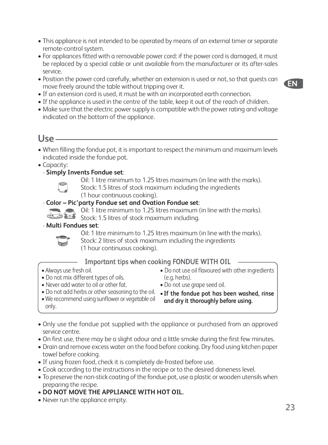 Tefal EF351416 manual Use, Simply Invents Fondue set, Color Pic’party Fondue set and Ovation Fondue set, Multi Fondues set 