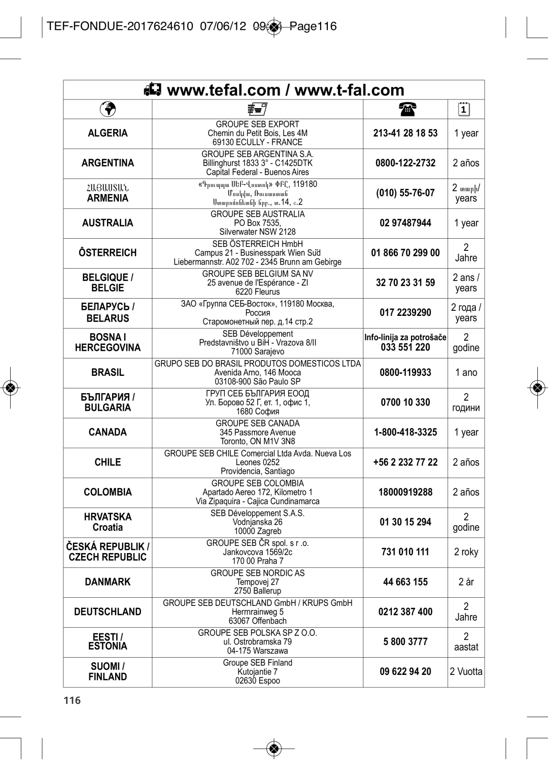 Tefal EF352116 manual TEF-FONDUE-2017624610 07/06/12 0944 PAGE116, Algeria 