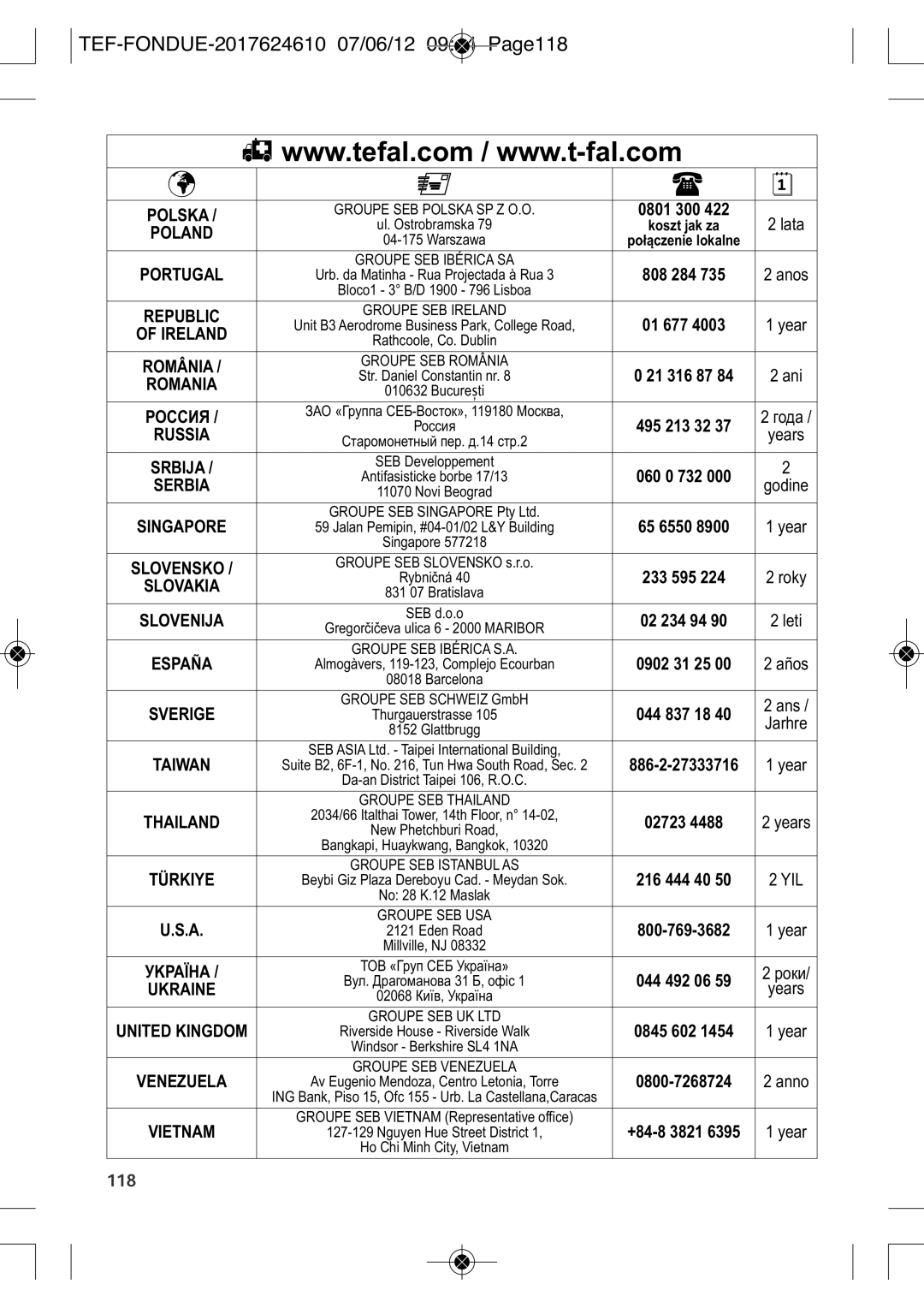 Tefal EF352116 manual TEF-FONDUE-2017624610 07/06/12 0944 PAGE118, Portugal 