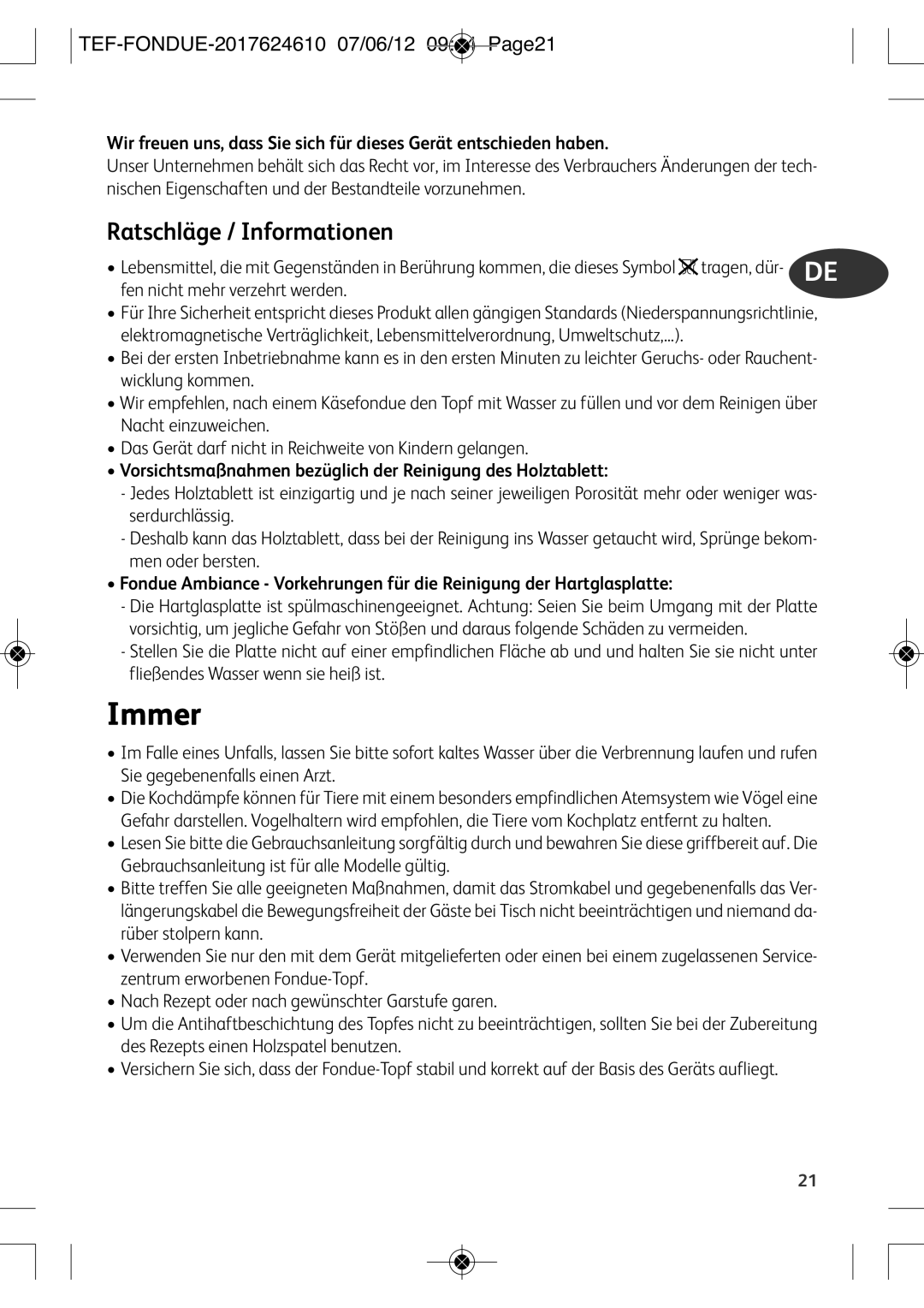 Tefal EF352116 manual Immer, Ratschläge / Informationen, TEF-FONDUE-2017624610 07/06/12 0944 PAGE21 