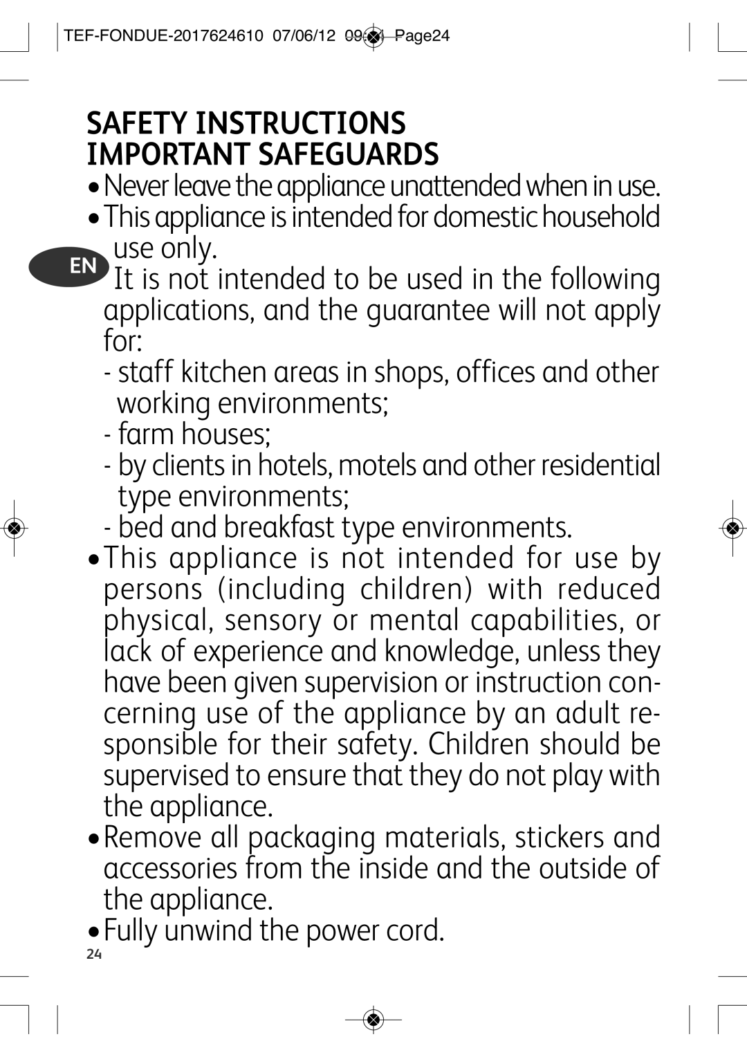 Tefal EF352116 manual Safety Instructions Important Safeguards, TEF-FONDUE-2017624610 07/06/12 0944 PAGE24 